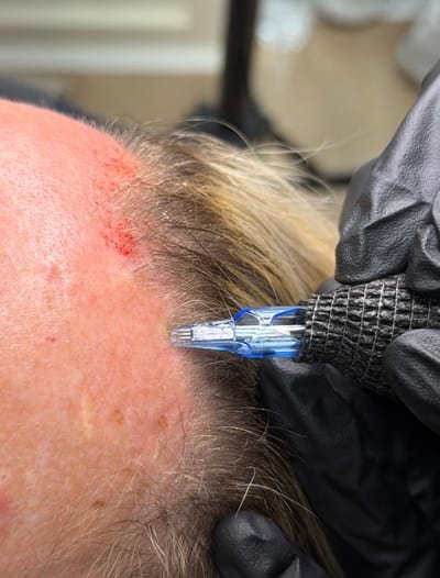 Nue Strand scalp treatment being applied at the hairline to stimulate hair density