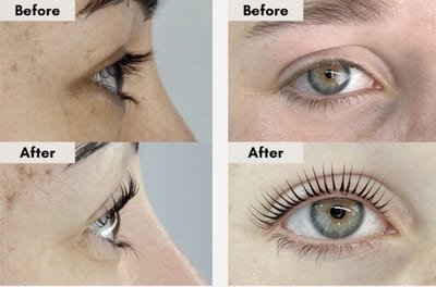 Before and after photos of a Korean lash lift showing lifted, defined natural lashes